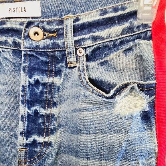 NWOT PISTOLA DISTRESSED WHISKERED RED WHITE SIDE STRIPE DENIM BLUE JEANS SIZE 27 - Picture 7 of 11